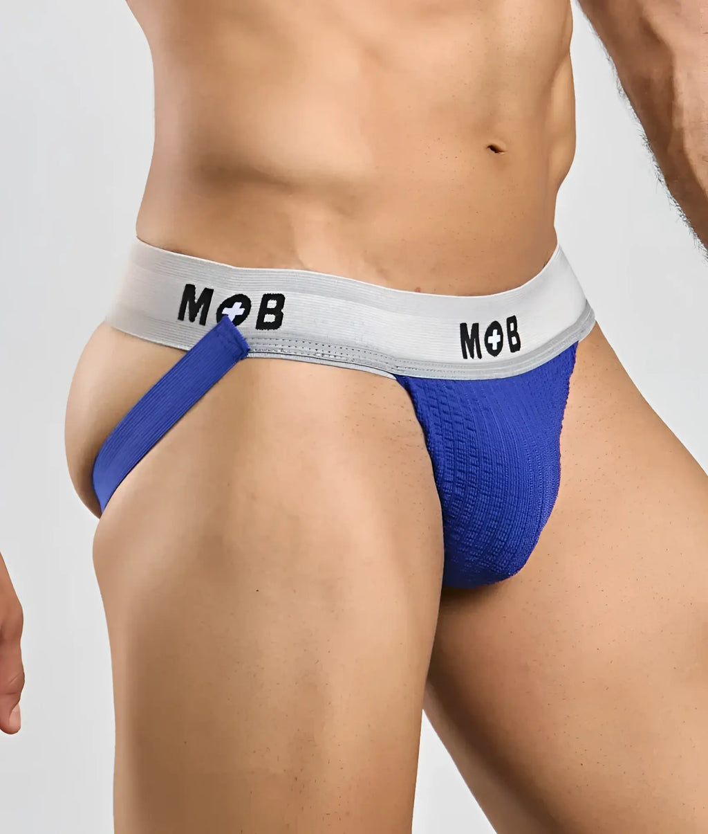 Blue textured mob classic jock 3 inches with gray waistband featuring mob logo for athletic support