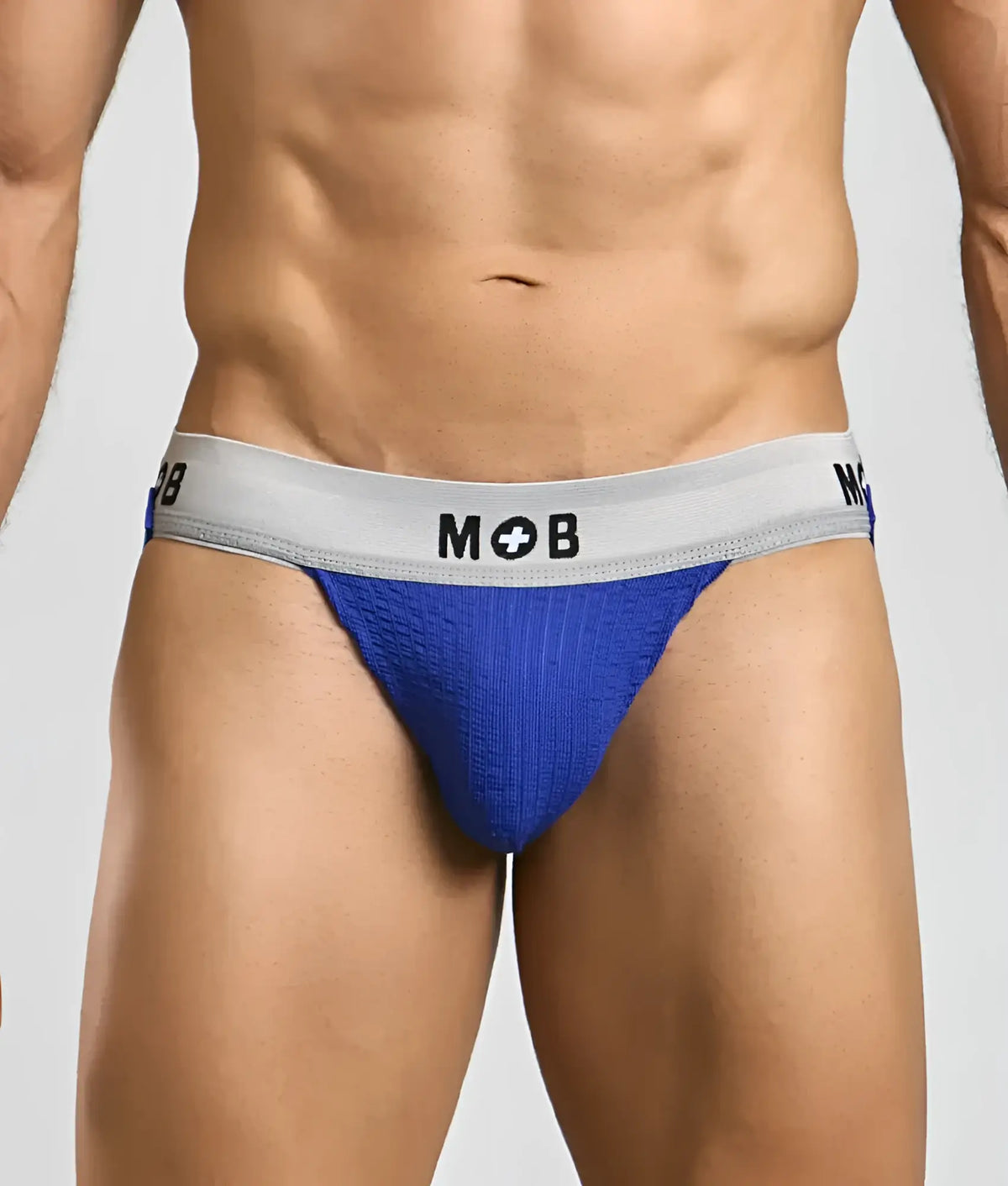 Blue textured briefs with gray waistband featuring mob logo from mob classic jock 3 inches collection