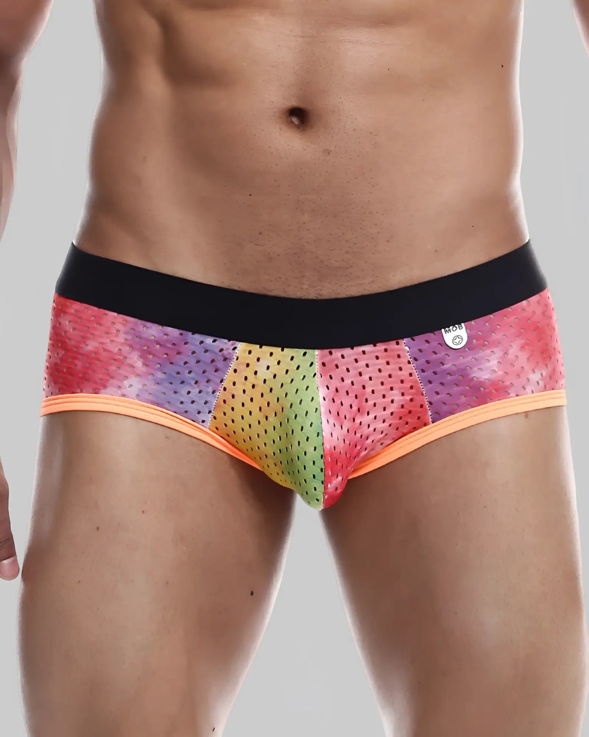 Mob aero brief rainbow-colored mesh menâ€™s briefs with black waistband and orange trim showing front side