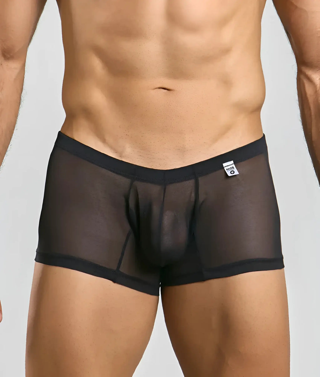 Black sheer mesh briefs with solid black waistband and trim from mob mens lace boxer collection front view