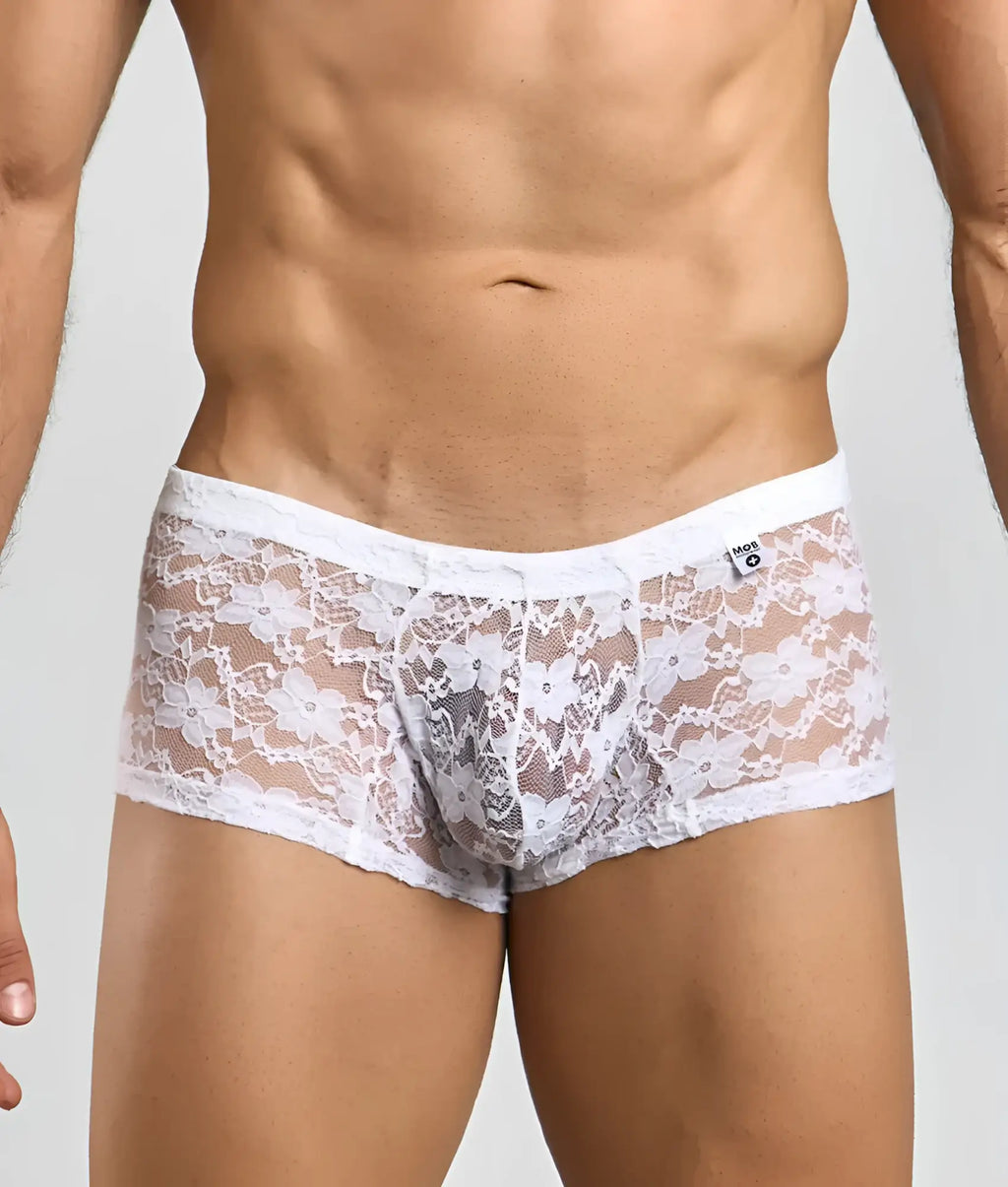 White lace mens underwear with floral pattern and sheer mesh detailing from mob mens lace boxer collection