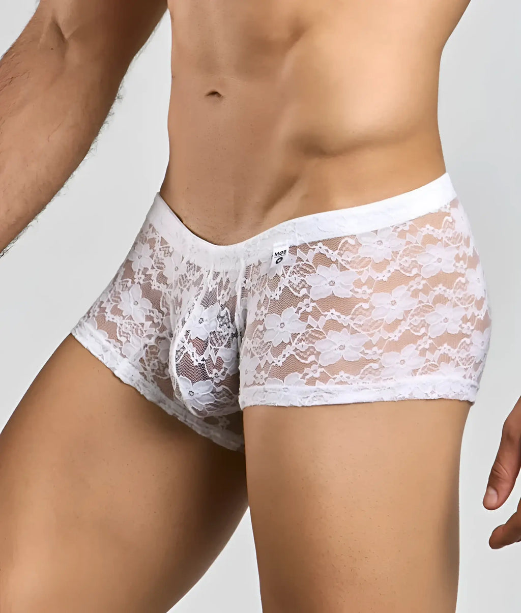 MOB menâ€™s lace boxer in white lace with floral pattern and elastic waistband for comfortable fit