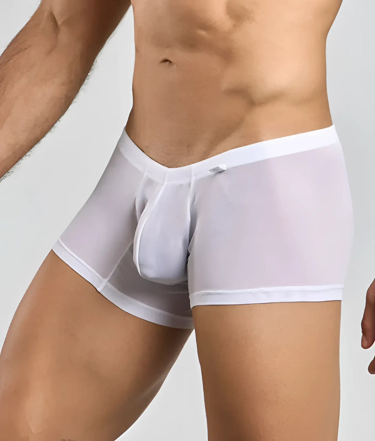 White sheer menâ€™s lace boxer briefs with solid white waistband and leg openings showing the front side