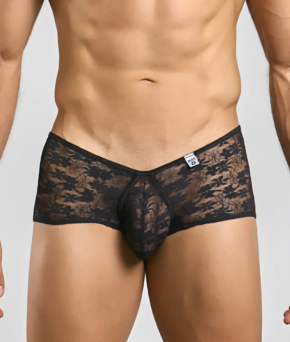 Black lace menâ€™s underwear mob loop cheeky trunk with floral pattern and central pouch design