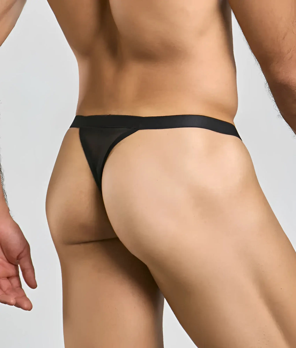 Mob y sexy thong black mesh thong with smooth wide waistband shown from the back side