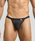 Black sheer mesh thong with solid black waistband by MOB Y sexy thong shown from the back side