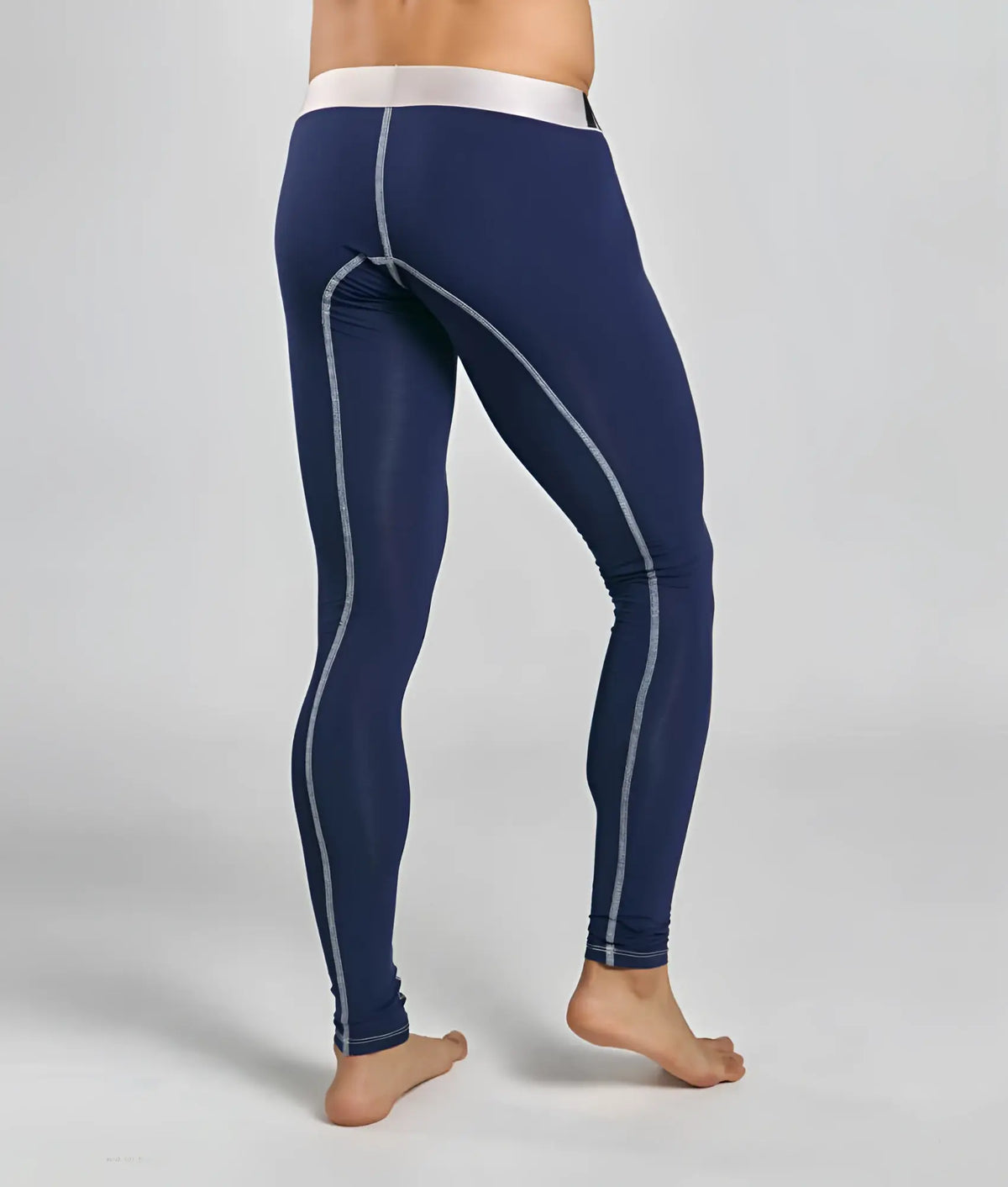 MaleBasics microfiber longjohn navy blue compression leggings with white stitching and contrasting white waistband
