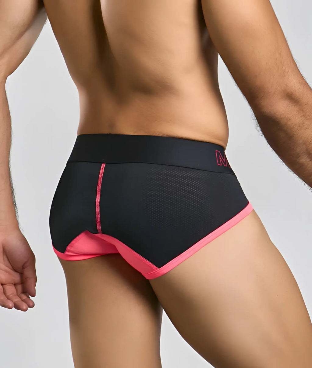 MaleBasics neon brief black athletic briefs with vibrant pink trim mesh detailing and subtle waistband logo
