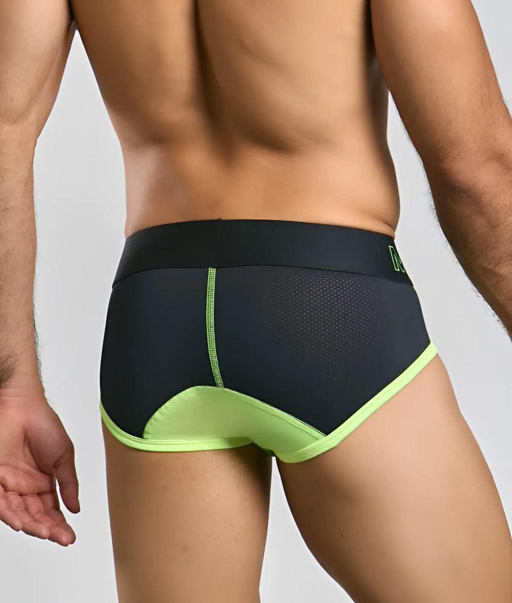 MaleBasics neon brief athletic black and neon green mesh panel elastic waistband designed for comfort and support