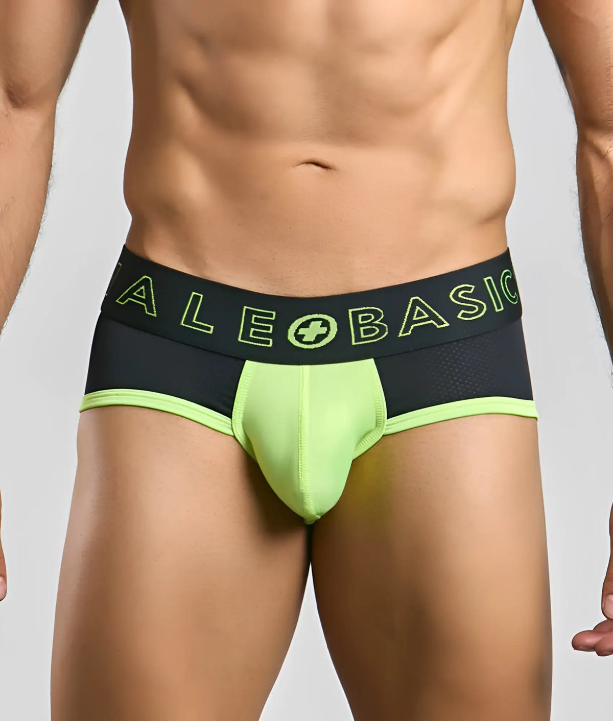 MaleBasics Neon Brief athletic briefs in neon green and black with mesh waistband and matching alebasic logo