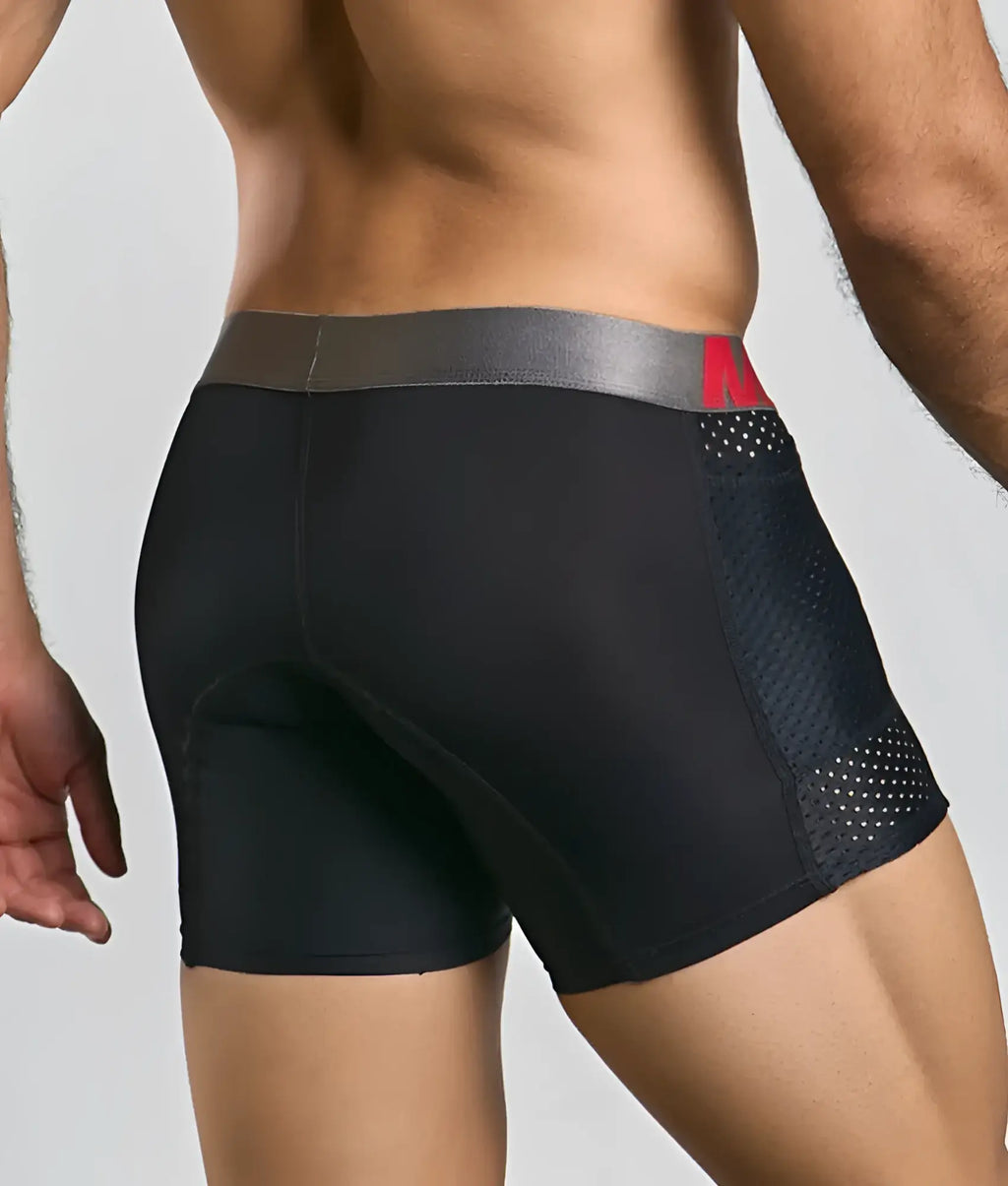 MaleBasics titanium pocket boxer brief in black with gray waistband red branding and mesh side panels for athletes