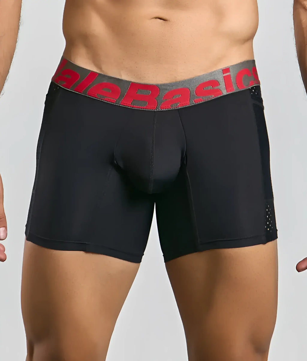 MaleBasics titanium pocket boxer brief in black with gray waistband red alebasics branding and perforated side panels