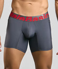 Dark gray malebasic titanium pocket boxer briefs with red and black elastic waistband featuring brand name