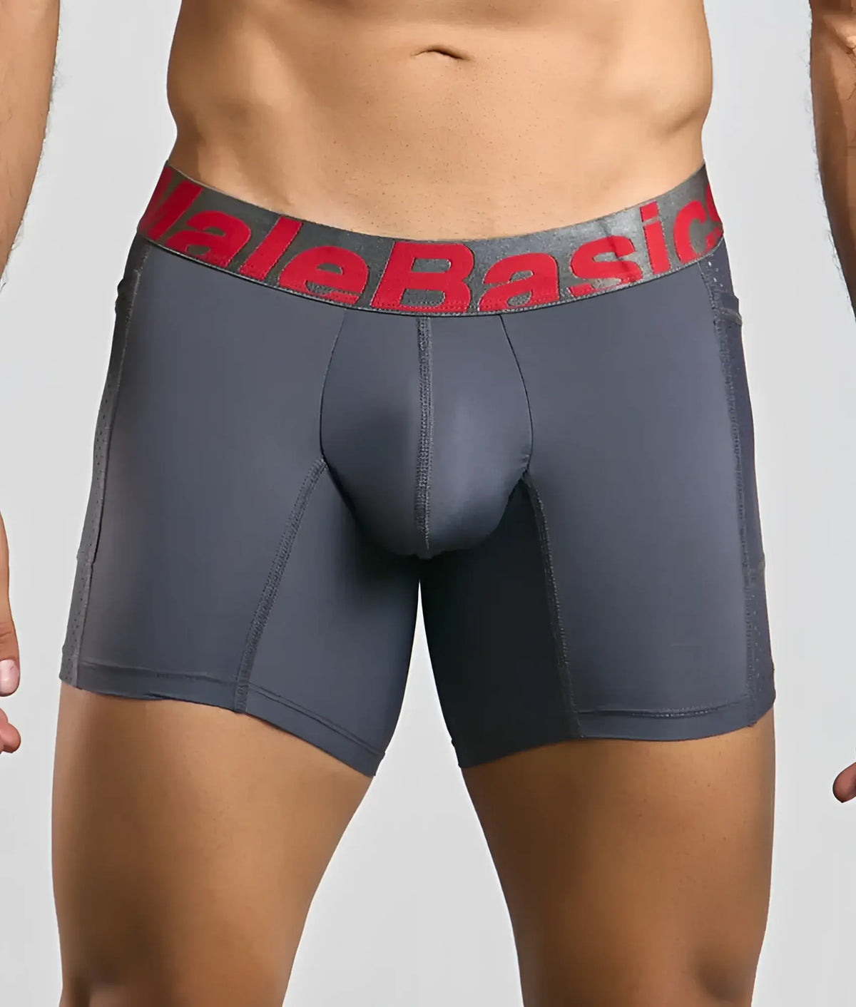 Dark gray malebasic titanium pocket boxer briefs with red and black elastic waistband featuring brand name