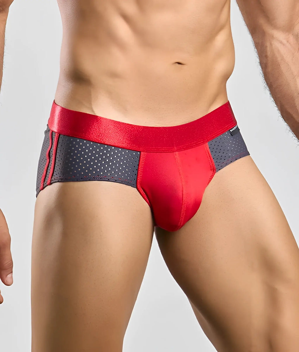 Malebasics spot brief red showing red and gray athletic briefs with satin waistband and perforated side panels