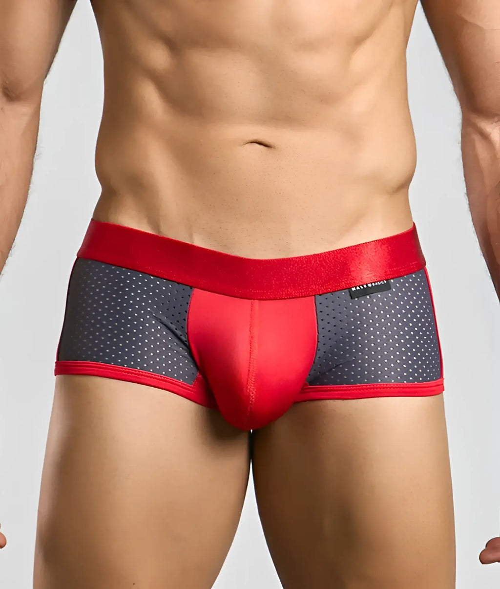 Pink malebasics spot new sexier trunk briefs with red and gray polka dots and a red elastic waistband