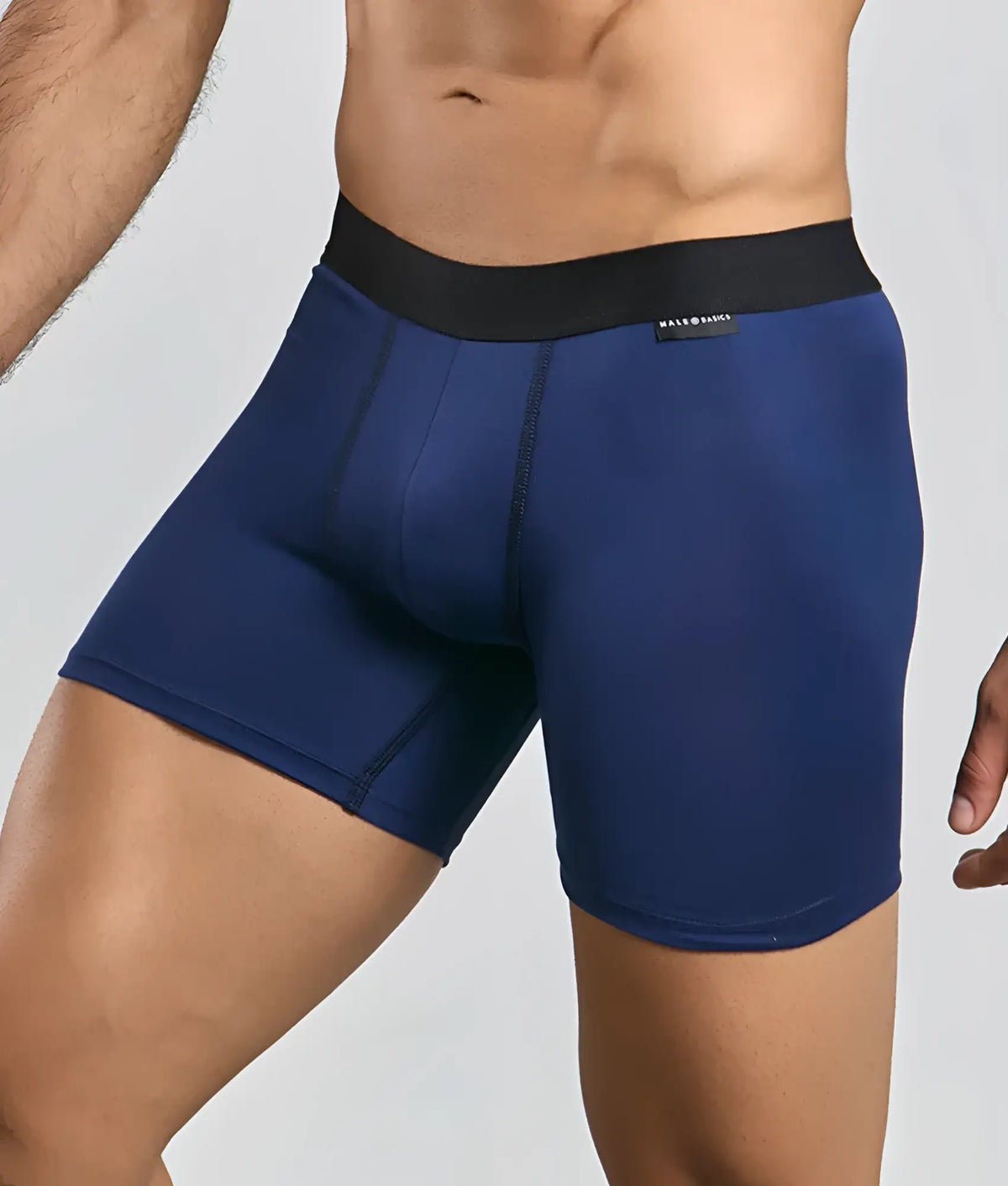 Navy blue menâ€™s boxer briefs with black elastic waistband and mateo baka label from malebasics classic tripack