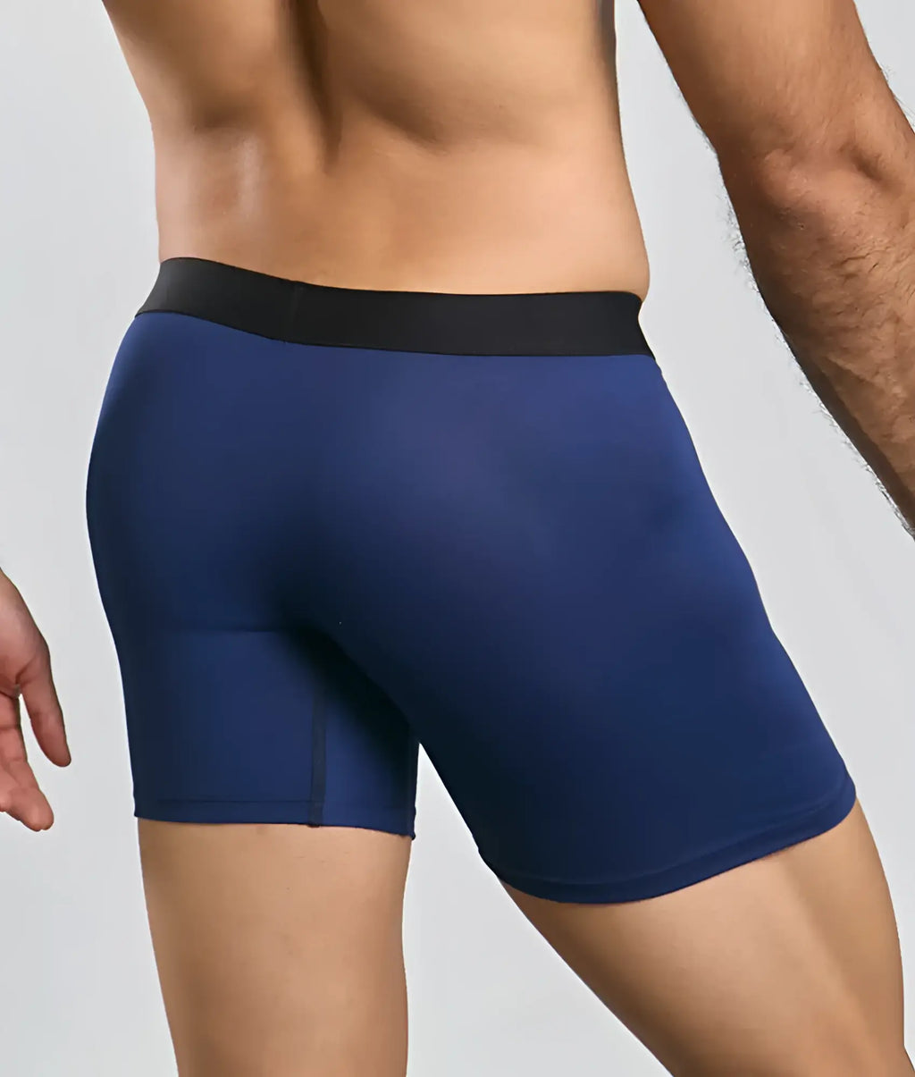 Navy blue malebasics classic tripack boxer briefs with black elastic waistband for comfortable everyday wear
