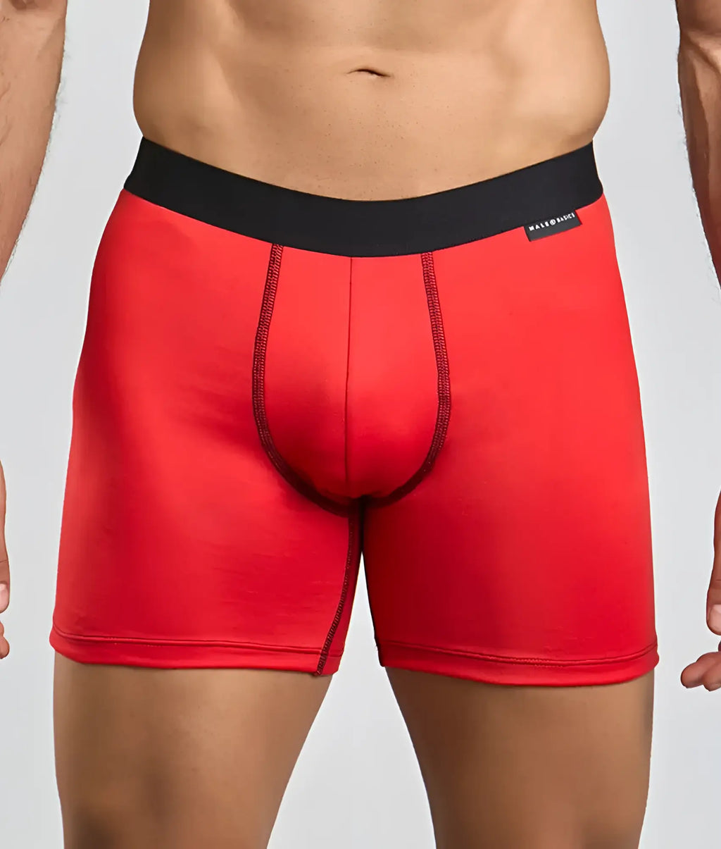 Malebasics classic tripack red menâ€™s boxer briefs with black elastic waistband and subtle stitching details