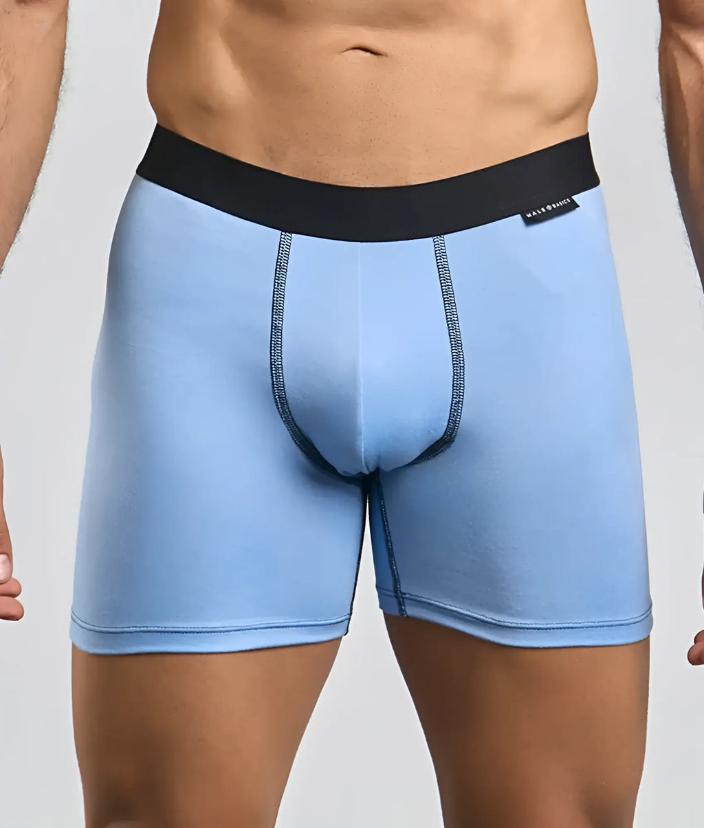 Light blue menâ€™s boxer briefs with black elastic waistband and subtle dark stitching from malebasics classic tripack