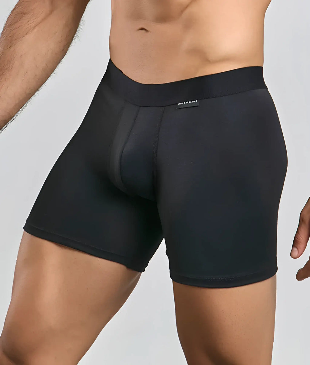 Black menâ€™s boxer briefs from Malebasics Classic Tripack in smooth form-fitting fabric with subtle waistband brand tag