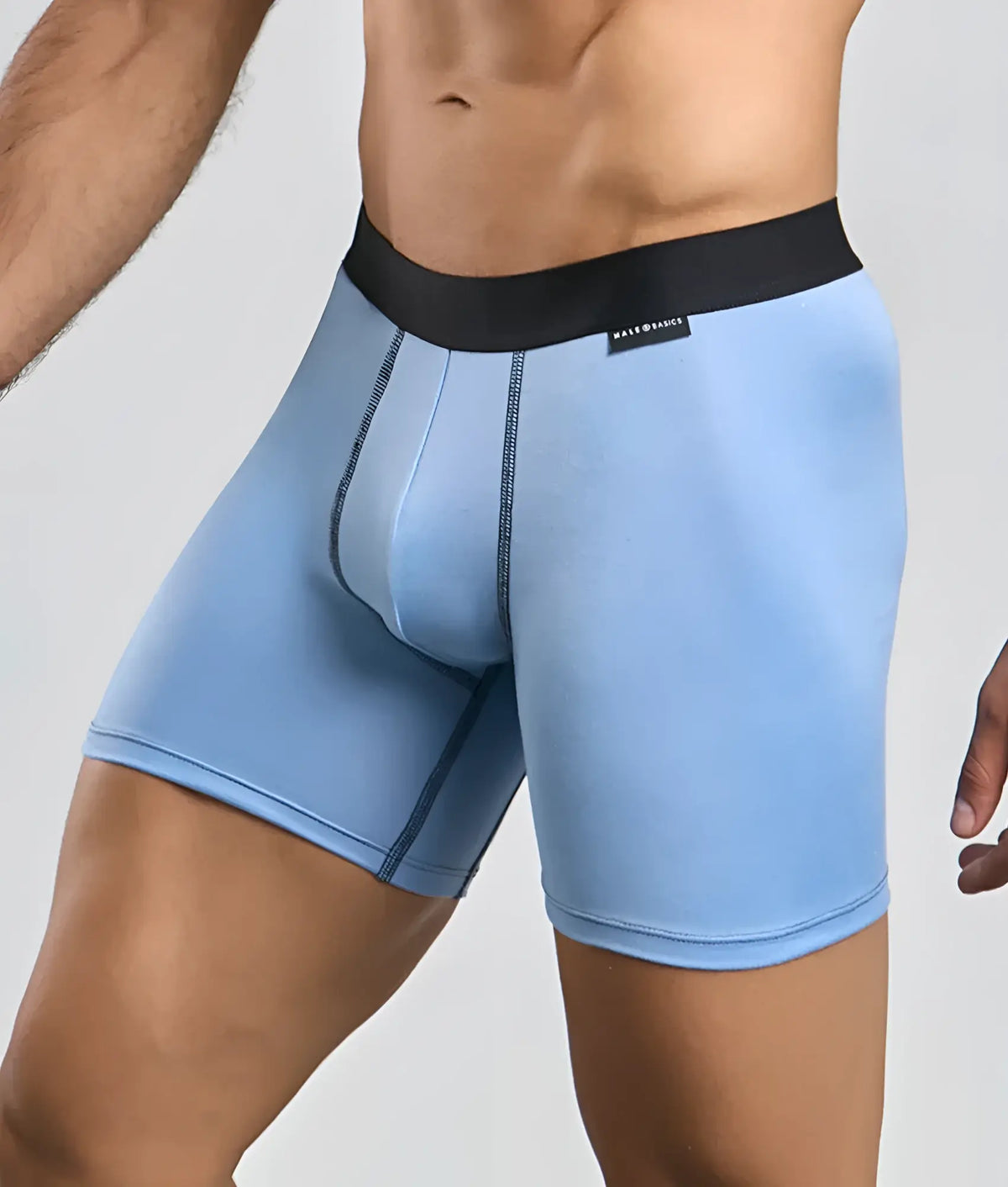 Light blue menâ€™s boxer briefs with black malt brands waistband from Malebasics Classic Tripack collection