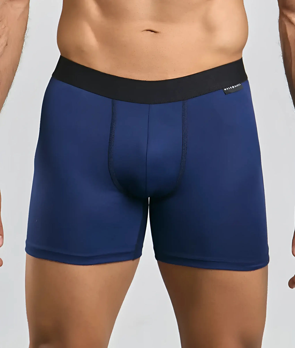 Navy blue malebasics classic tripack boxer briefs with black elastic waistband designed for everyday comfort