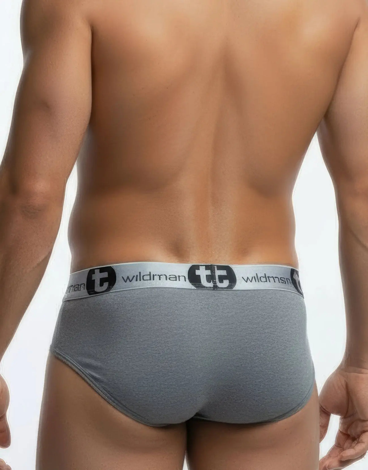 Rear view of a person in gray briefs with a white logo waistband.