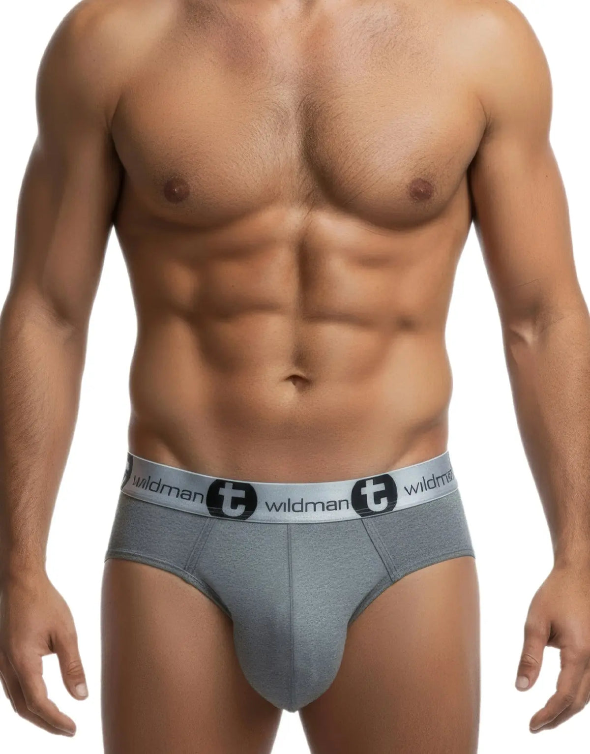 Torso of a person wearing gray briefs with a light waistband, on a white background.
