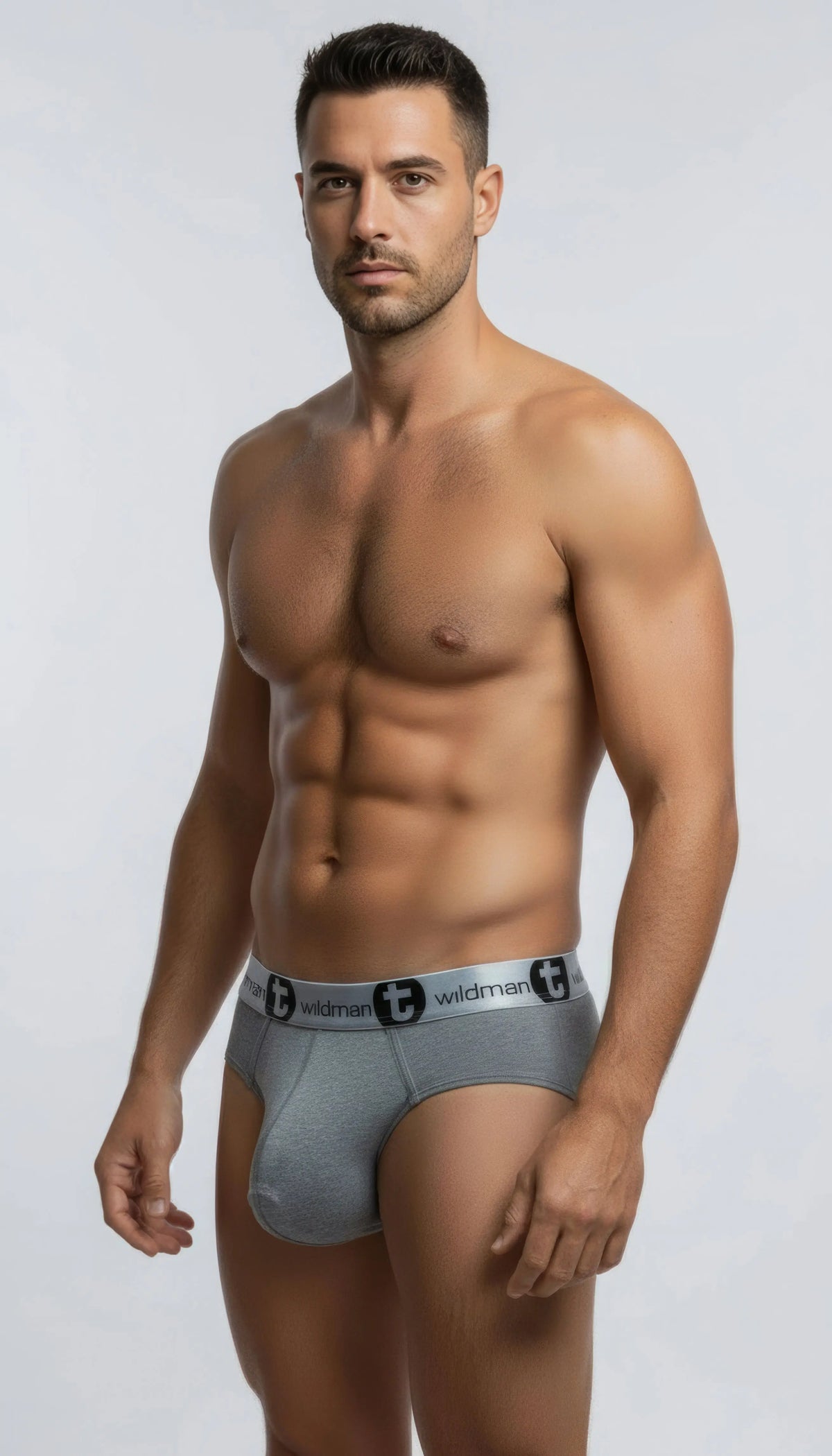 Shirtless man in gray briefs with a logo waistband, standing against a light gray background.