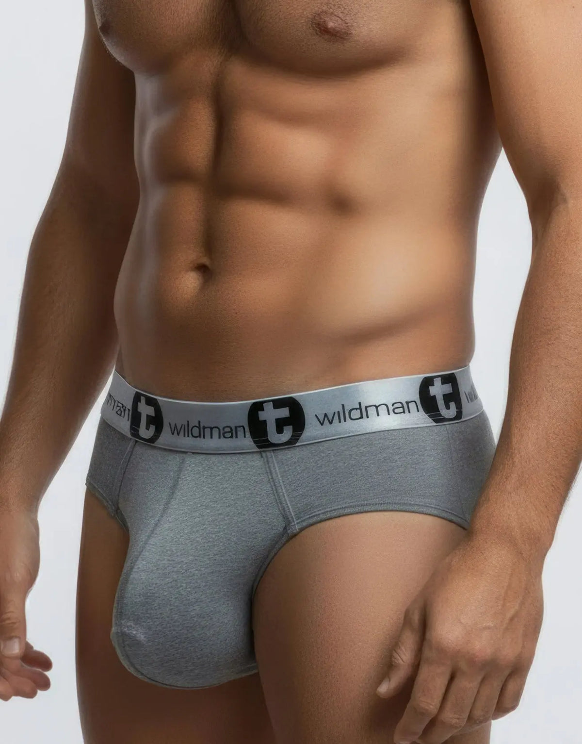 Torso of a person wearing gray briefs with a white logo waistband, against a light background.