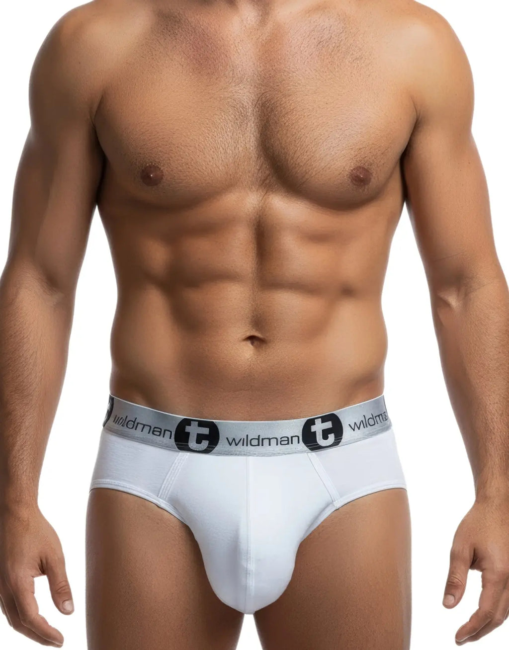 Torso of a person wearing white briefs with a gray logo waistband, on a white background.