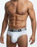 Photograph of a shirtless man's torso wearing white briefs with a gray logo waistband.