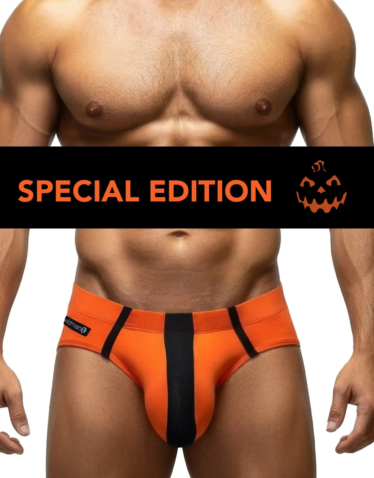 Orange briefs with black panels on a model beneath a Special Edition banner.