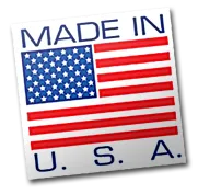 A tilted white label with a US flag and blue text reading MADE IN U.S.A.