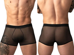 Men's black sheer mesh trunk with a fitted, form-flattering design, shown from front and back views.
