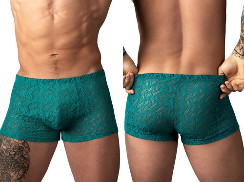 Teal men's trunks in sheer, wavy-patterned lace. Form-fitting, short-leg design shown from front and back views.