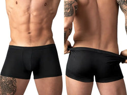 Men wearing solid black trunks with a fitted, smooth fabric design, shown from the front and back.