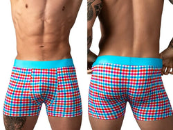 Men's trunk underwear in a red and blue gingham plaid print with a solid cyan waistband and form-fitting silhouette.