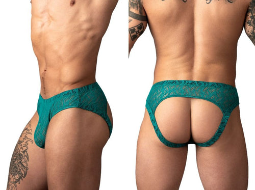 Teal lace open-back brief with a form-fitting, cheeky cut shown from the side and back.