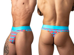 Men's thong with a red, white, and blue plaid pattern and a solid bright blue elastic waistband.