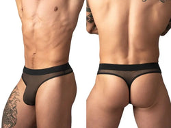 Men's black thong in sheer mesh fabric with a wide, solid waistband, worn on a fit, muscular model.
