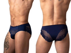 Navy blue men's bikini briefs in smooth fabric with sheer mesh and floral lace detailing. Low-rise fit.