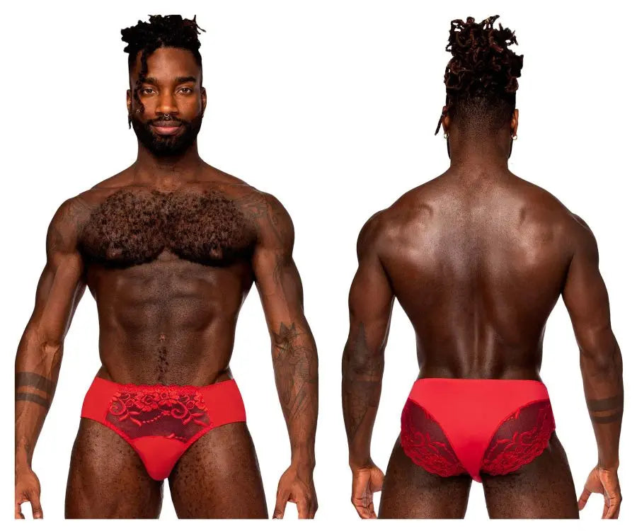 Male Power Men's Underwear 492-280 Sassy Lace High-Waisted Bikini with Sheer Mesh Pouch â€“ Red