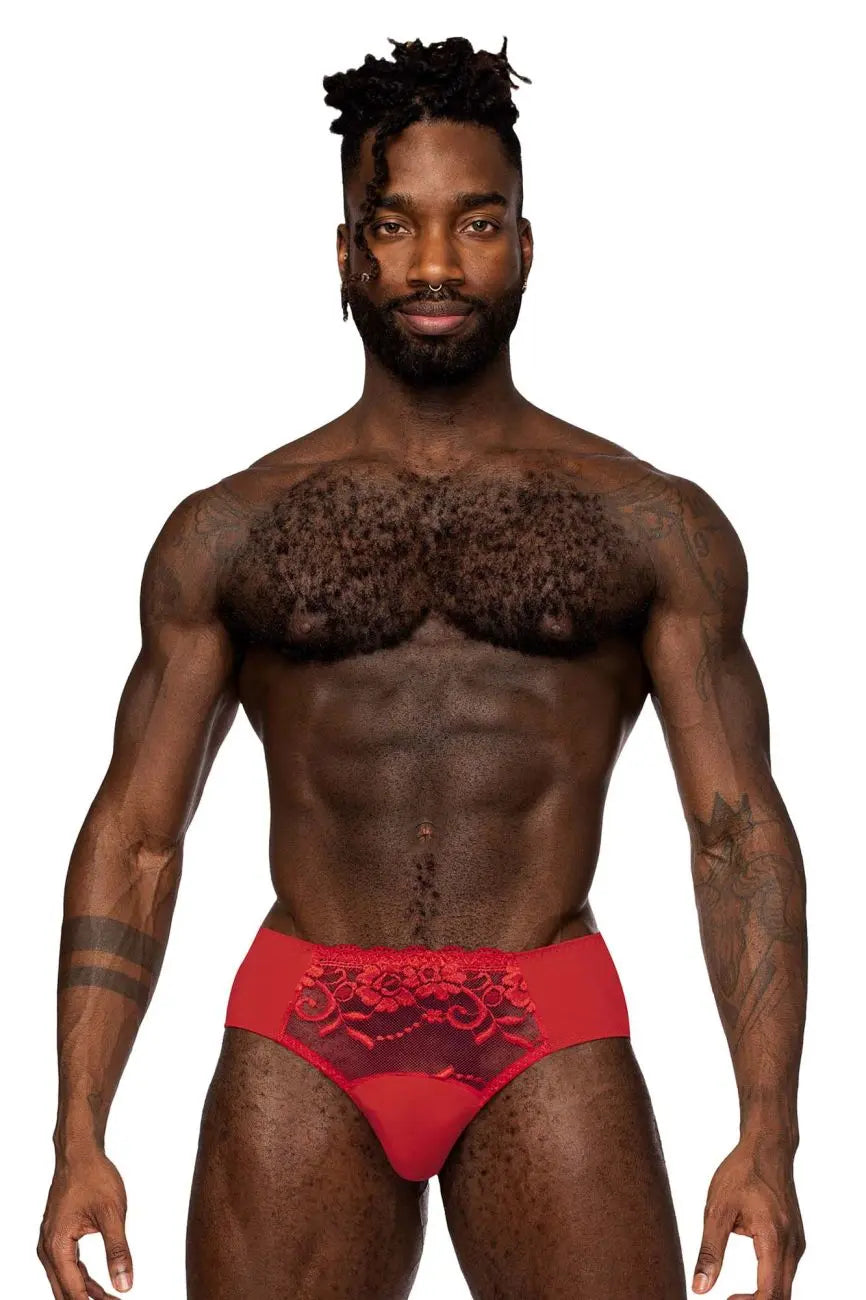 Male Power Men's Underwear 492-280 Sassy Lace High-Waisted Bikini with Sheer Mesh Pouch â€“ Red
