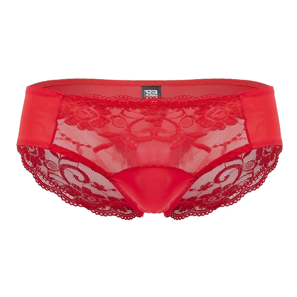 Male Power Men's Underwear 492-280 Sassy Lace High-Waisted Bikini with Sheer Mesh Pouch â€“ Red