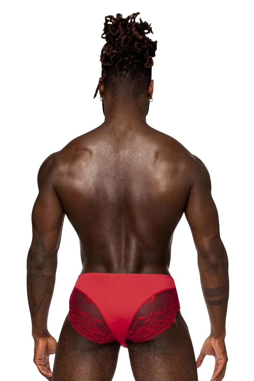 Male Power Men's Underwear 492-280 Sassy Lace High-Waisted Bikini with Sheer Mesh Pouch â€“ Red
