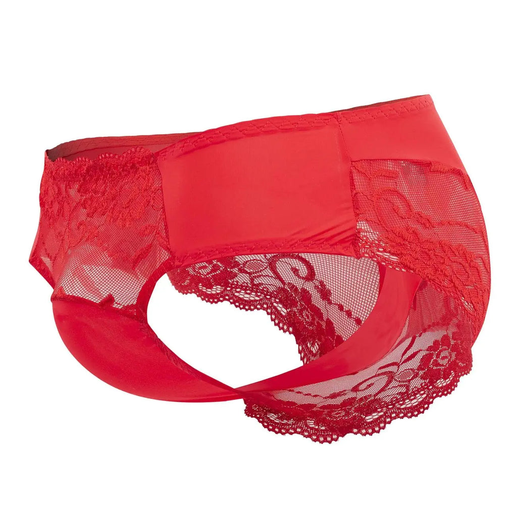 Male Power Men's Underwear 492-280 Sassy Lace High-Waisted Bikini with Sheer Mesh Pouch â€“ Red