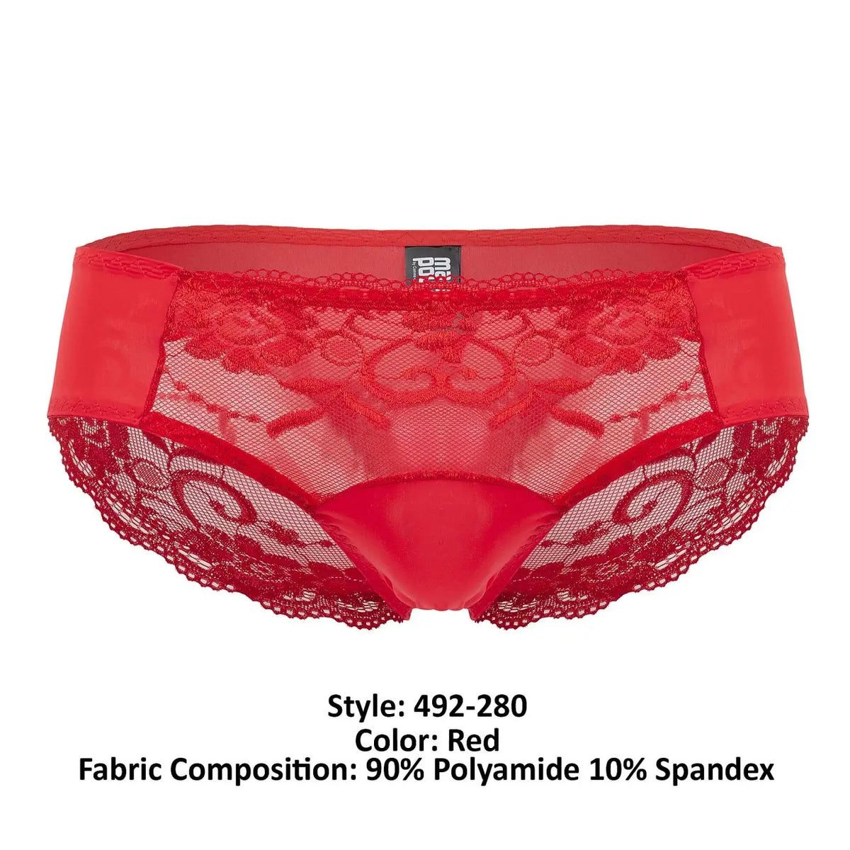 Male Power Men's Underwear 492-280 Sassy Lace High-Waisted Bikini with Sheer Mesh Pouch â€“ Red