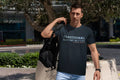 Dark navy blue short-sleeved t-shirt with white emotional support bottom text and smaller red text below front view